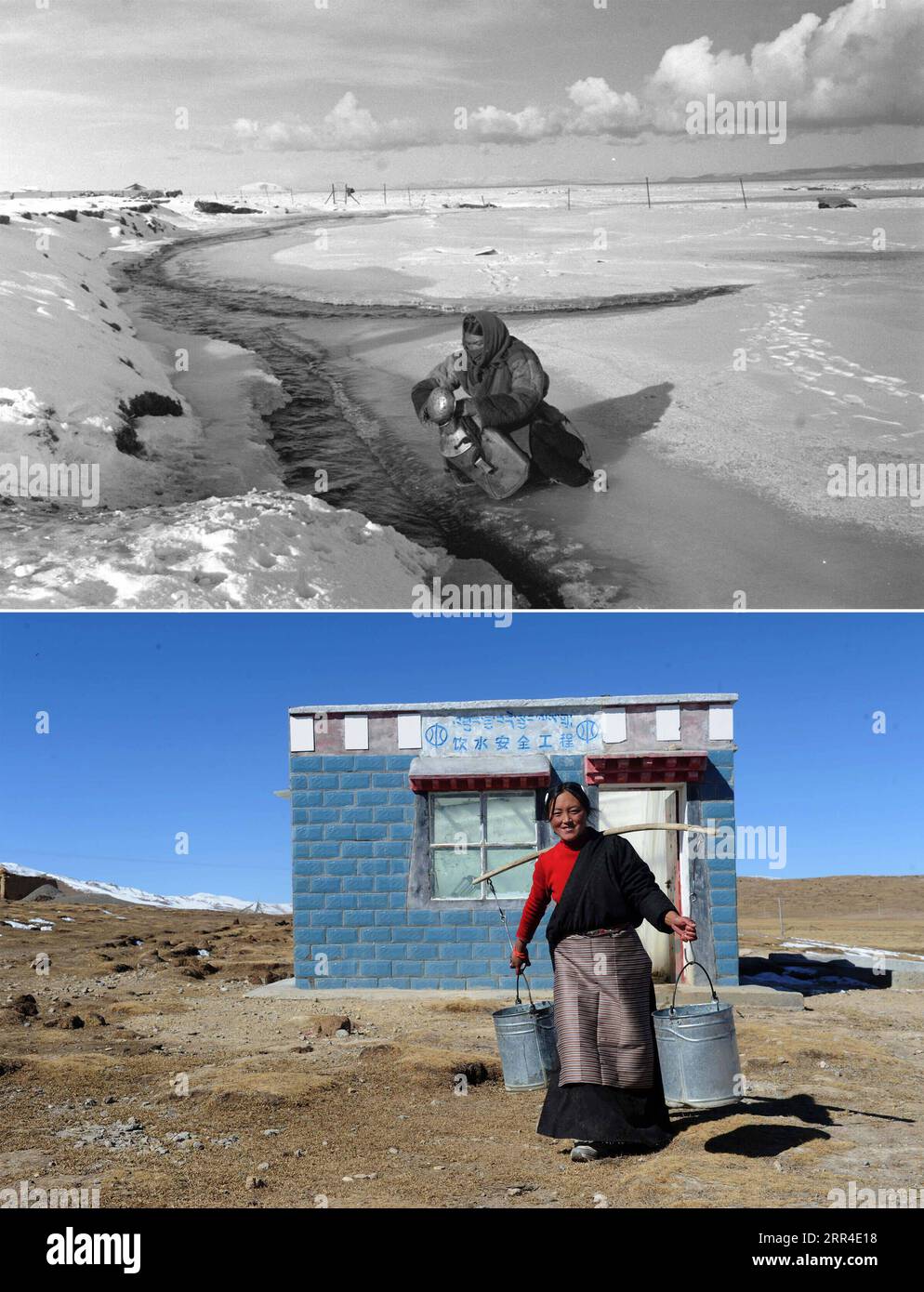 201201 -- LHASA, Dec. 1, 2020  -- In this combo photo, the upper part shows a resident collecting water from a river in Namco Township of southwest China s Tibet Autonomous Region the lower part shows a resident carrying drinking water home from a well built under the safe drinking water project in Nyainrong County of Nagqu City, southwest China s Tibet Autonomous Region, Nov. 9, 2011. From 2016 to 2020, Tibet Autonomous Region invested 4.3 billion yuan about 657 million U.S. dollars in drinking water projects, improving 17,581 rural water projects. Now, clean drinking water has become a reali Stock Photo