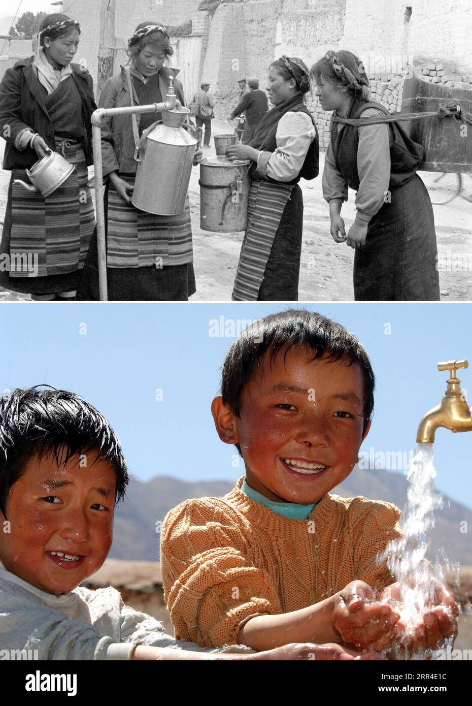 201201 -- LHASA, Dec. 1, 2020  -- In this combo photo, the upper part shows residents fetching tap water in Gyangze Township of southwest China s Tibet Autonomous Region. Local people used to collect water from sources far away until a small tap water plant was established during the 1980s in the township to provide safe drinking water. The lower part shows children washing up with tap water in Dagze County now Dagze District of Lhasa City, capital of the Tibet Autonomous Region. From 2016 to 2020, Tibet Autonomous Region invested 4.3 billion yuan about 657 million U.S. dollars in drinking wat Stock Photo