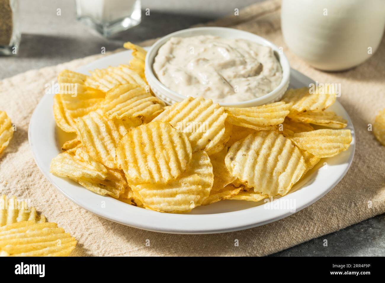 Organic Crinkle Potato Chips and French Onion Dip Ready to Eat Stock