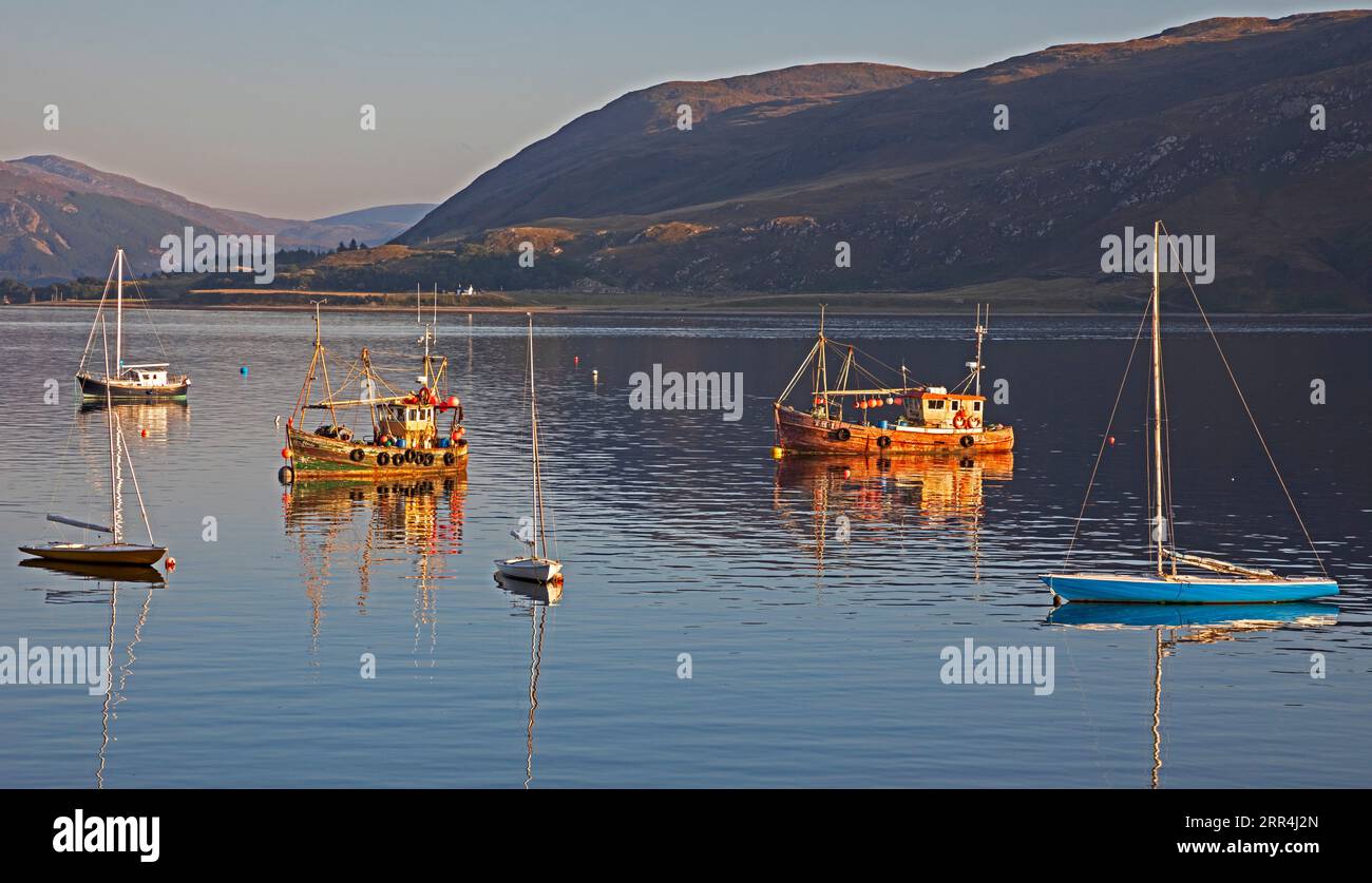Ullapool, Highland, Scotland, UK. 6th September 2023. Evening warm sunshine light approaching sunset, reflections on Loch Broom from the various fishing vessels and pleasure craft. Temperature 21 degrees centigrade around 7pm. Credit: Scottishcreative/alamy live news. Stock Photo