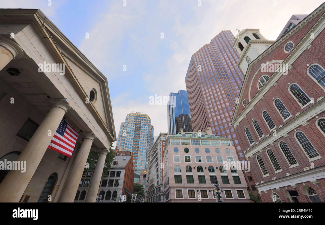 Quincy Market and Boston skyline in early autumn, USA Stock Photo