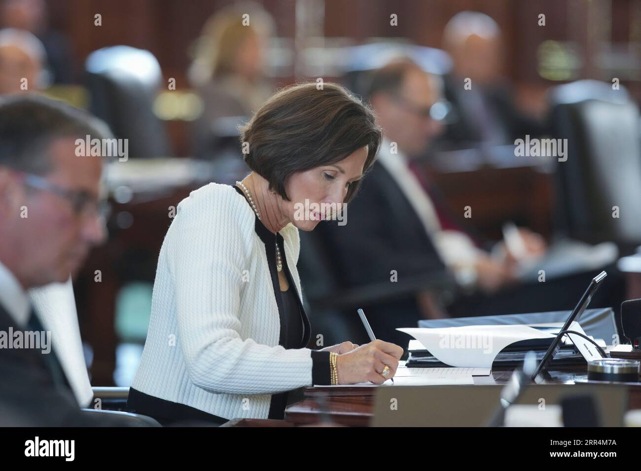 Sen Lois Kolkhorst, R-Brenham, takes notes during the morning session of Texas Attorney General Ken Paxton's impeachment trial in the Texas Senate on September 6, 2023. Credit: Bob Daemmrich/Alamy Live News Stock Photo