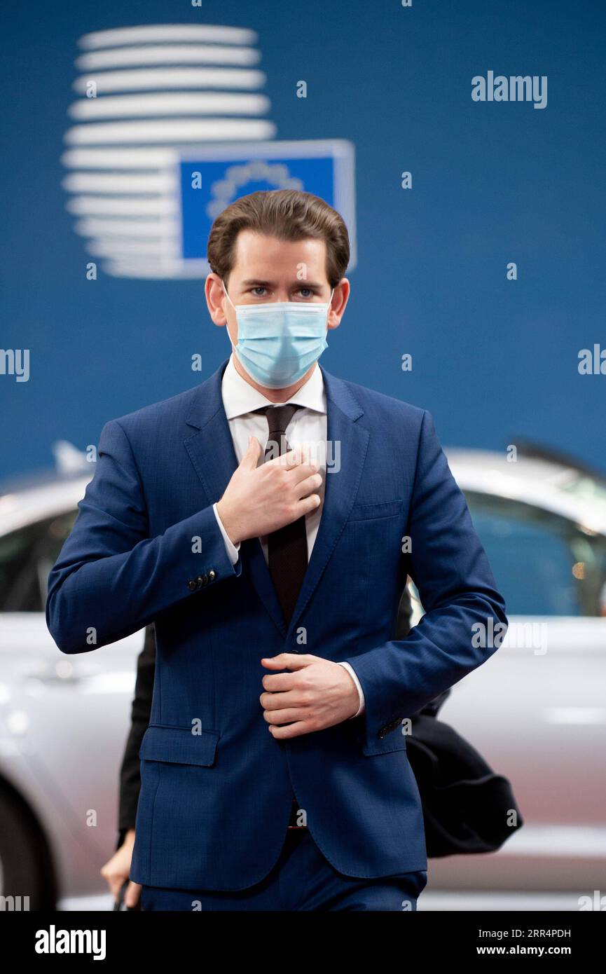 201211 -- BRUSSELS, Dec. 11, 2020  -- Austrian Chancellor Sebastian Kurz arrives for the EU summit in Brussels, Belgium, on Dec. 10, 2020. The leaders of the 27 European Union EU member states on Thursday reached an agreement on the EU long-term budget and recovery fund, paving way for the implementation of the recovery package totaling over 1.8 trillion euros 2.19 trillion U.S. dollars to tackle the socio-economic consequences of COVID-19 pandemic. European Union/Handout via  BELGIUM-BRUSSELS-EU-SUMMIT Xinhua PUBLICATIONxNOTxINxCHN Stock Photo