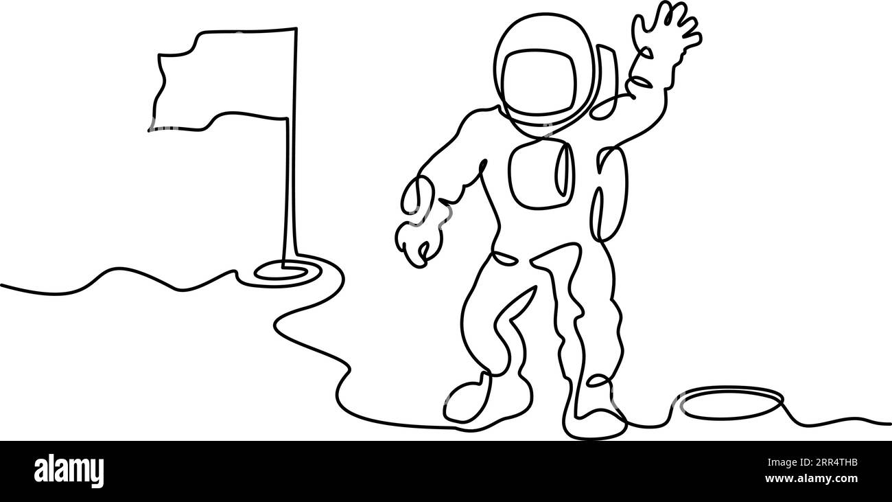 Cosmonaut exploring outer space. Astronaut on moon, Continuous one line art drawing style. Minimalist black linear sketch isolated on white background Stock Vector