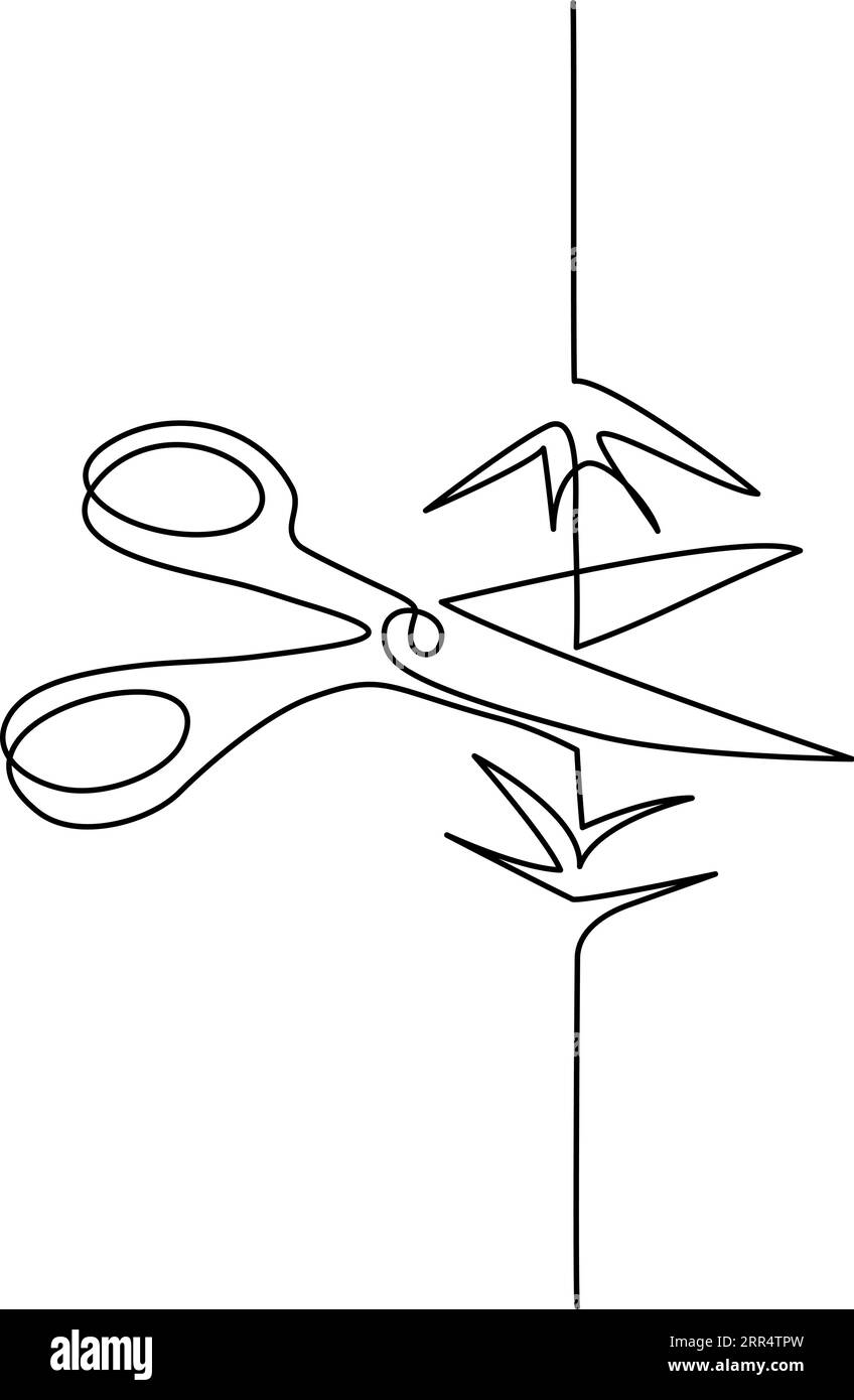Scissors cut rope. Continuous one line art drawing style. Minimalist