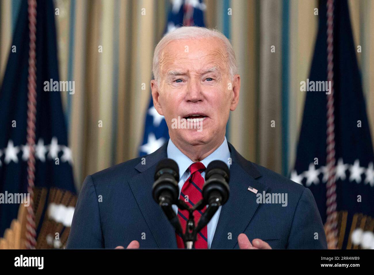 Washington, United States. 06th Sep, 2023. President Joe Biden speaks to leaders of the International Longshore and Warehouse Union (ILWU) and the Pacific Maritime Association (PMA) on finalizing a new labor contract covering West Coast ports in the State Dining Room at the White House in Washington, DC on Wednesday, September 6, 2023. Photo by Bonnie Cash/Pool/ABACAPRESS.COM Credit: Abaca Press/Alamy Live News Stock Photo