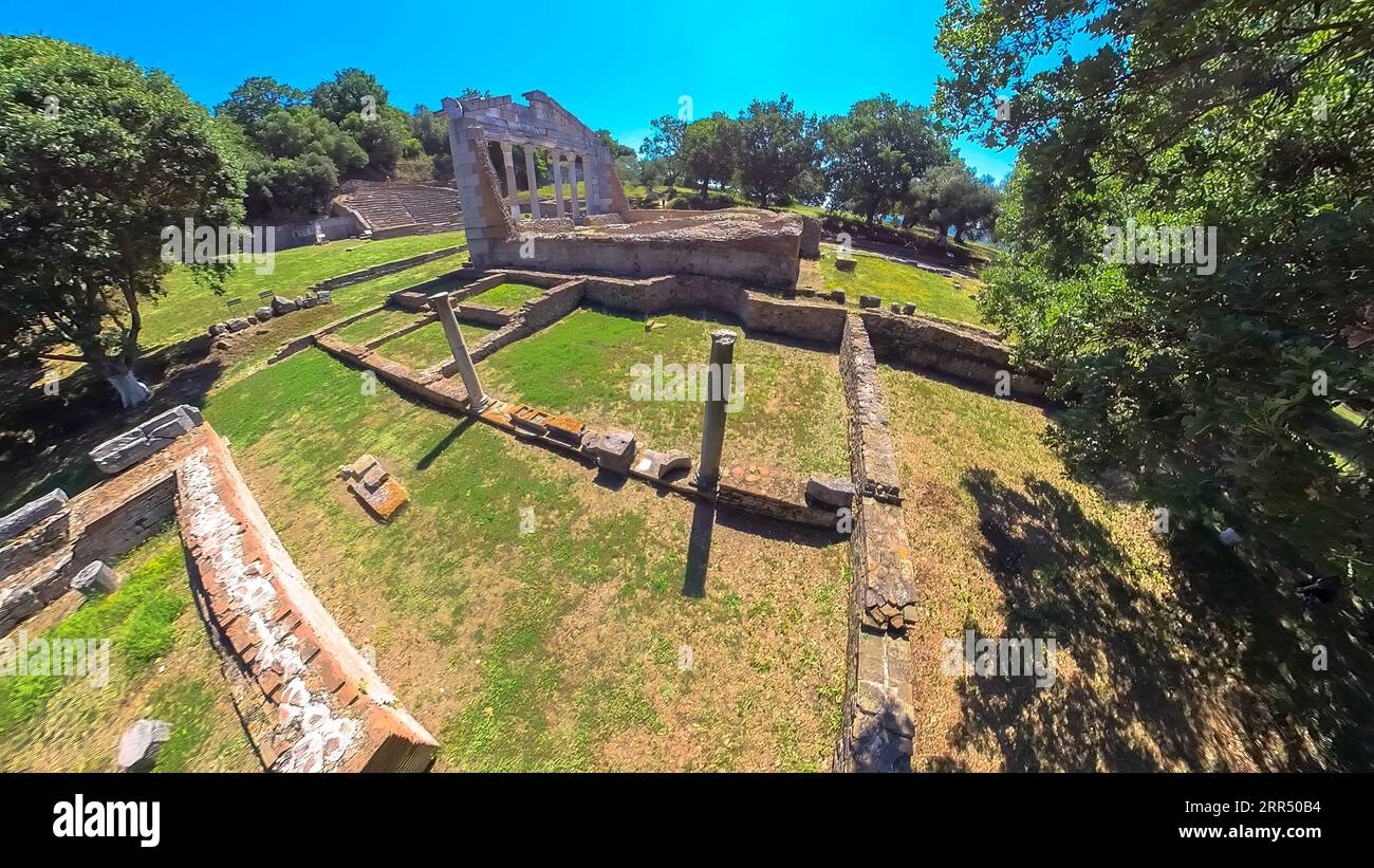 Apollonia's Arc of Triumph and Bouleuterion, an ancient assembly hall in Albania. Aerial view of the historical heritage of this Greek city. Apollonia Stock Photo