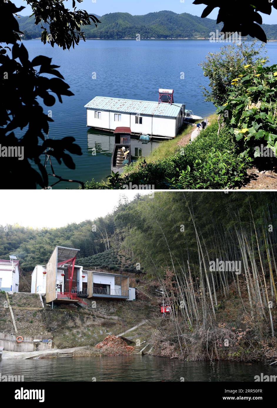 201218 -- JINZHAI, Dec. 18, 2020 -- Combo photo taken on Sept. 14, 2017 upper and Dec. 16, 2020 lower shows the view of the island health station in Jinzhai County of Luan City, east China s Anhui Province. Deep in the Xianghongdian Reservoir area in Jinzhai County of Luan City, east China s Anhui Province, there is an isolated island, which used to be home to over 40 poor families. Yu Jiajun, 42, is the only doctor in the village. In the past, there was no health station on the island. Villagers had to row a boat for two or three hours to go to the health center in Mabu Township to see the do Stock Photo