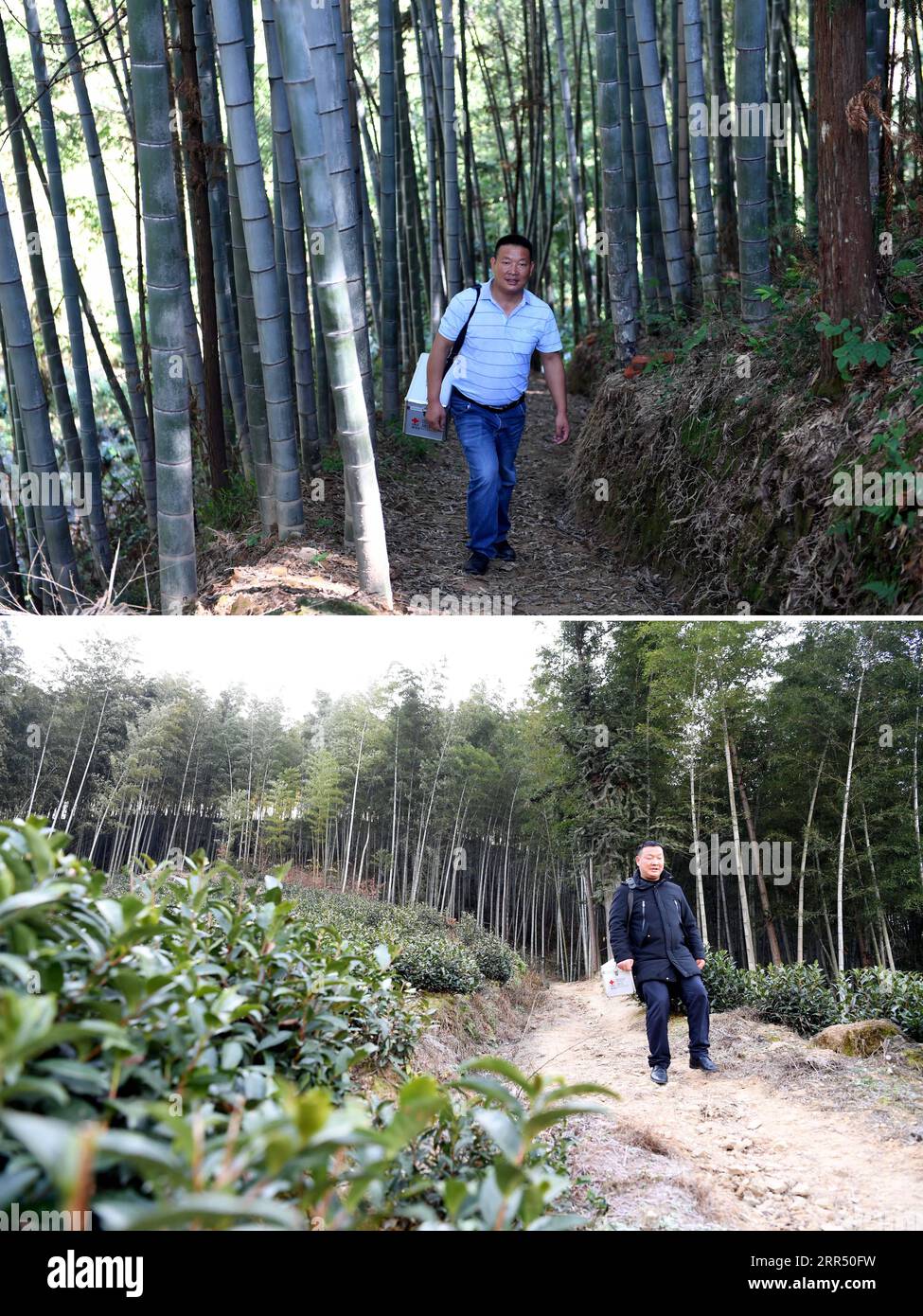 201218 -- JINZHAI, Dec. 18, 2020 -- Combo photo shows Yu Jiajun on the way to his patient s home on Sept. 14, 2017 upper and Dec. 16, 2020 lower in Jinzhai County of Luan City, east China s Anhui Province. Deep in the Xianghongdian Reservoir area in Jinzhai County of Luan City, east China s Anhui Province, there is an isolated island, which used to be home to over 40 poor families. Yu Jiajun, 42, is the only doctor in the village. In the past, there was no health station on the island. Villagers had to row a boat for two or three hours to go to the health center in Mabu Township to see the doc Stock Photo