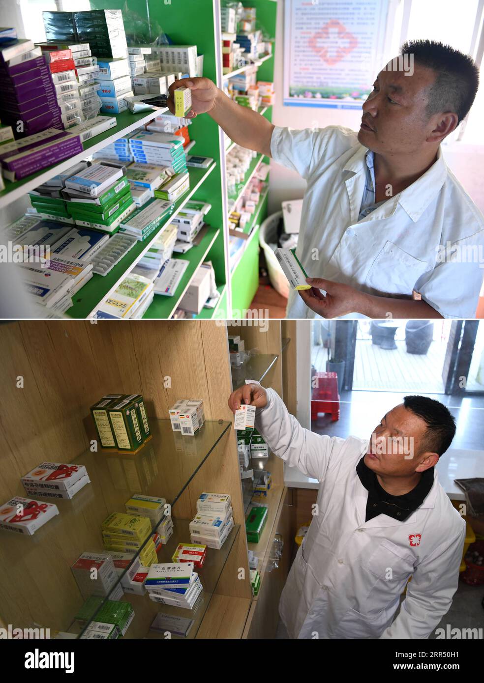 201218 -- JINZHAI, Dec. 18, 2020 -- Combo photo shows Yu Jiajun preparing medicines for his patient on Sept. 14, 2017 upper and arranging the medicines on Dec. 16, 2020 lower at the health station in Jinzhai County of Luan City, east China s Anhui Province. Deep in the Xianghongdian Reservoir area in Jinzhai County of Luan City, east China s Anhui Province, there is an isolated island, which used to be home to over 40 poor families. Yu Jiajun, 42, is the only doctor in the village. In the past, there was no health station on the island. Villagers had to row a boat for two or three hours to go Stock Photo