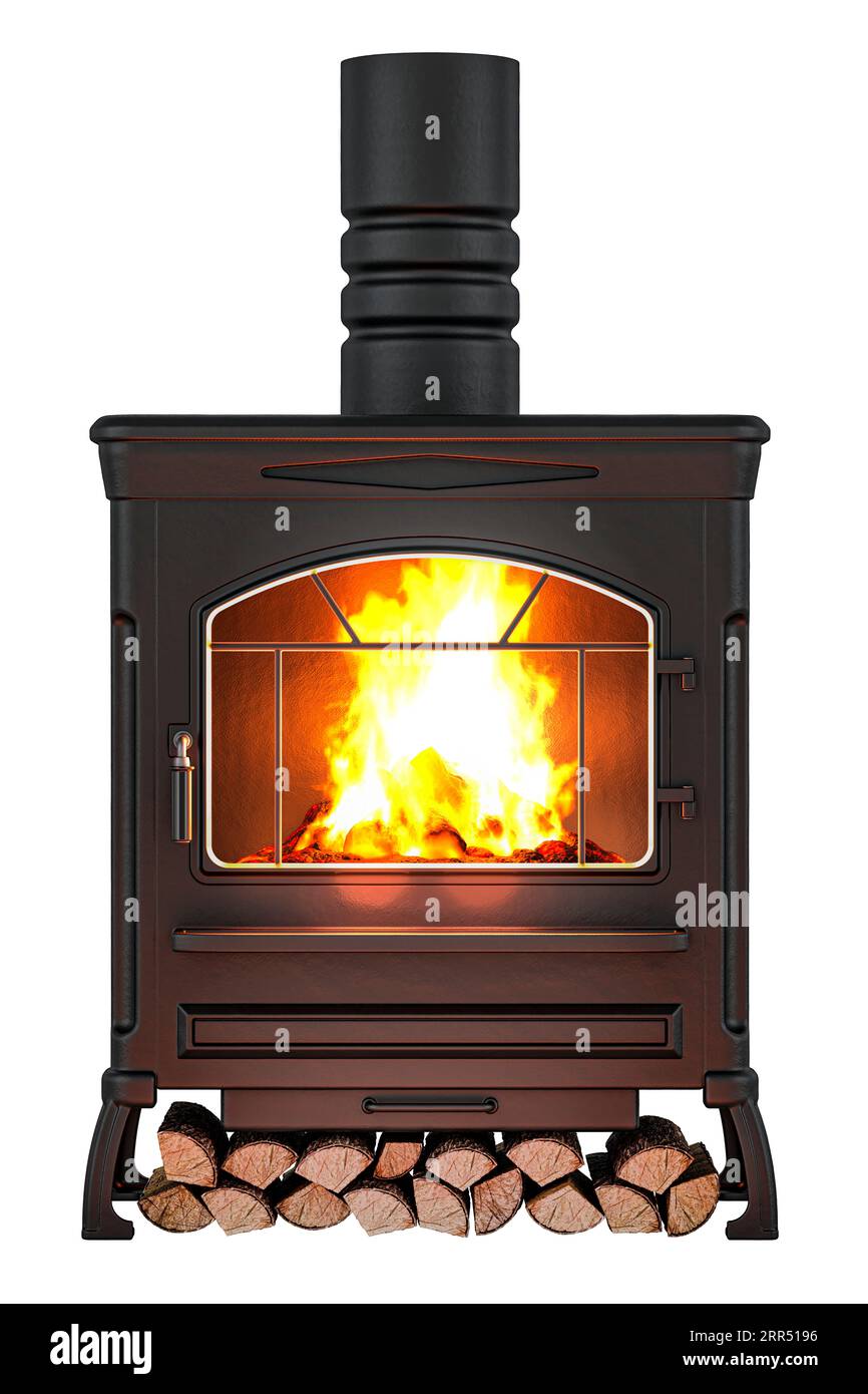 Wood burner stove, log burner with chimney pipe and firewood burning
