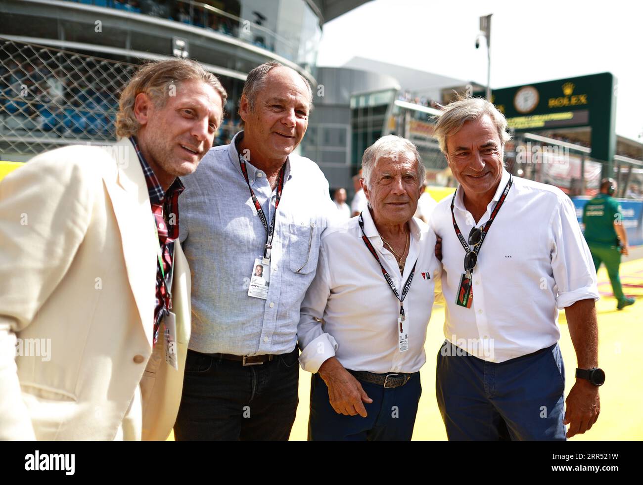 MONZA, Italy, 3. September 2023; (L-R) Lapo ELKANN, New York-born Italian industrialist, former marketing manager and heir to the automaker Fiat. Gerhard BERGER, former F1 pilot with Ferrari, ATS, Benetton F1, Giacomo AGOSTINI is an Italian former Grand Prix motorcycle road racer. Nicknamed Ago, he amassed 122 Grand Prix wins and 15 World Championship titles. Carlos SAINZ Senior, Cenamor, Spanish rally driver. He won the World Rally Championship drivers' title with Toyota in 1990 and 1992, and finished runner-up four times. Constructors' world champions to have benefited from Sainz are Subar Stock Photo