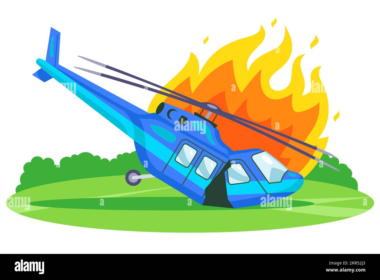 helicopter crash on the ground. burning technology. flat vector