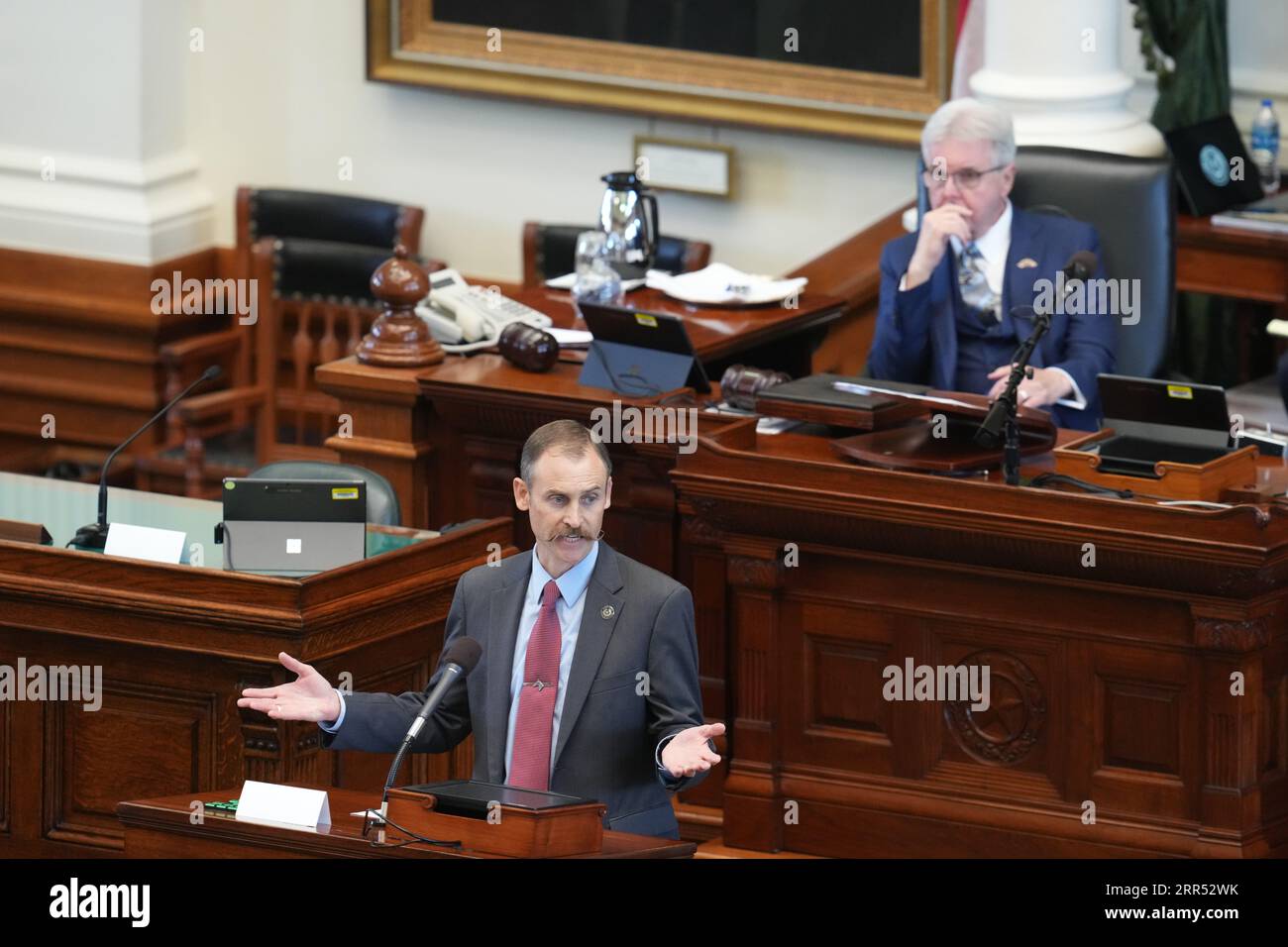 Uder the watchful eye of Lt. Gov. Dan Patrick, Rep. Andrew Murr,  R -Junction gives the House managers opening statement during the afternoon session of Day 1 of the Ken Paxton impeachment trial in the Texas Senate. Stock Photo