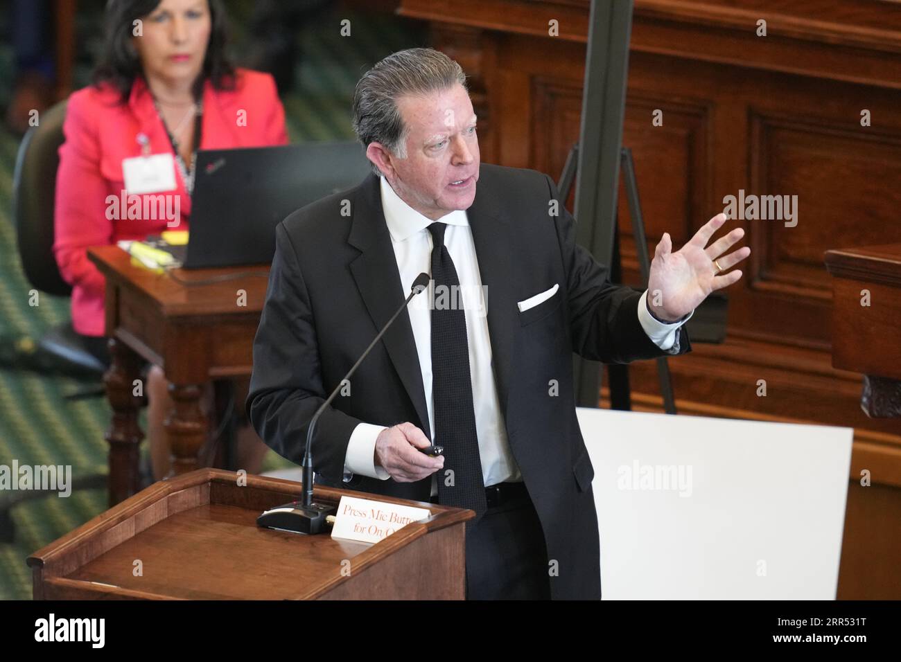 Defense attorney Dan Cogdell gives opening arguments during the afternoon session of Day 1 of the Ken Paxton impeachment trial in the Texas Senate. Stock Photo