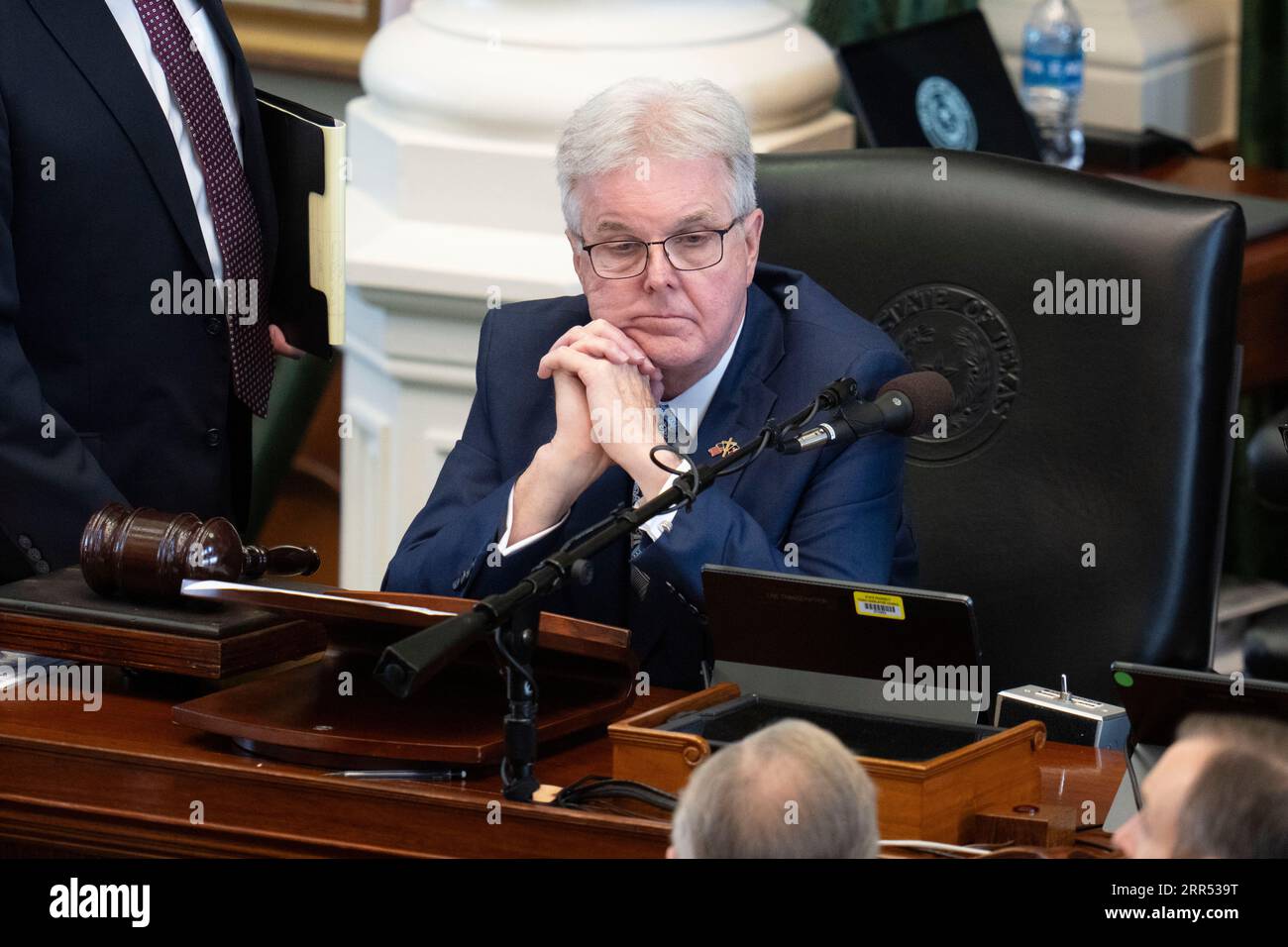 Dan patrick listens to the attorneys during a break in the afternoon session on Day 1 of the Ken Paxton impeachment trial in the Texas Senate. Stock Photo