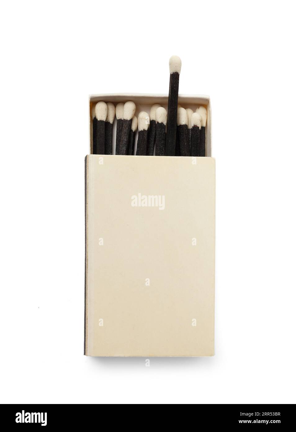 Black matches with white sulfur heads in an open box on a white