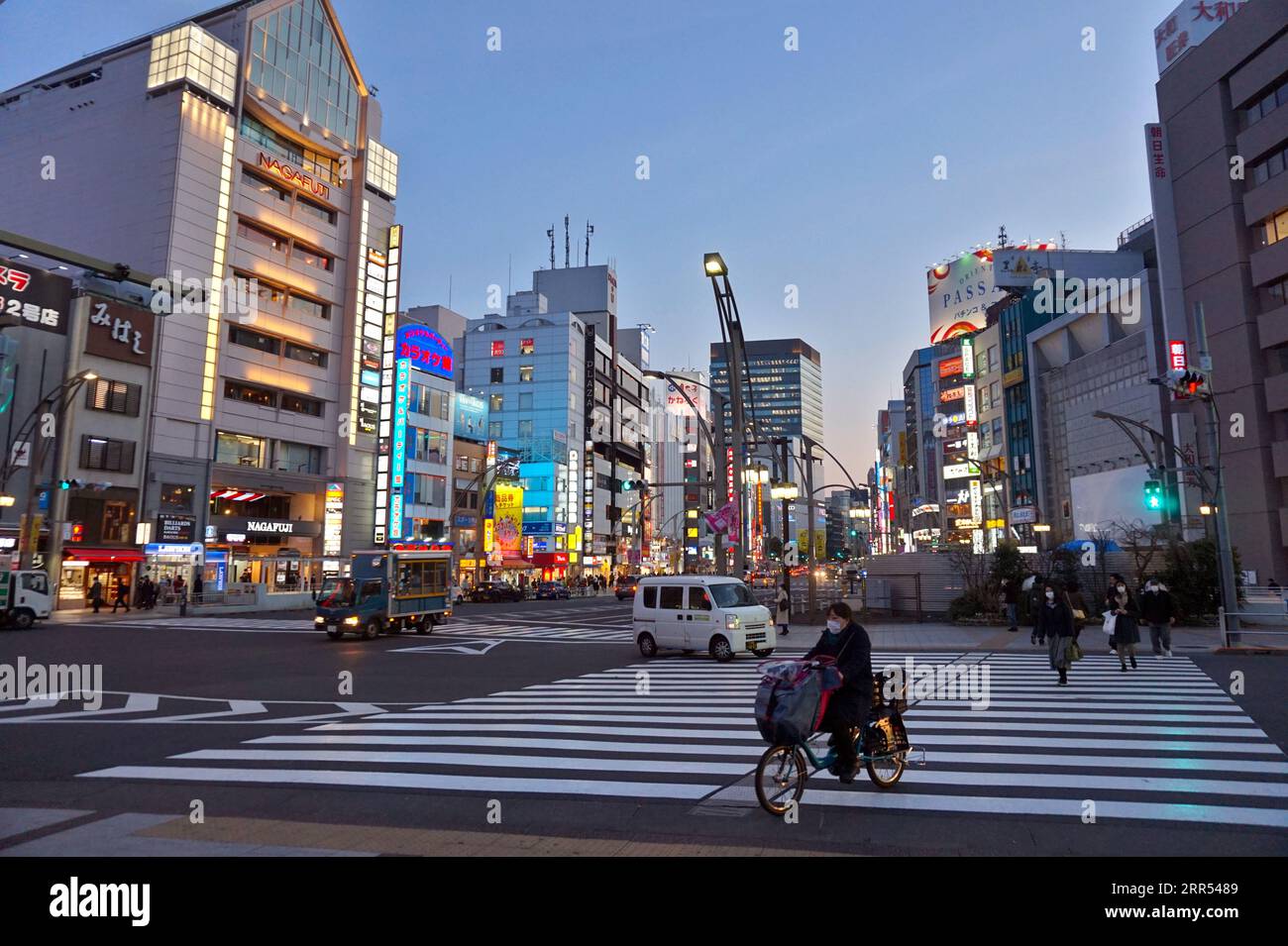 Crosswalk near Ueno Kōen (Ueno Park) at sunset. Ueno, Taito City, Tokyo, Japan –  21 February 2020 Stock Photo
