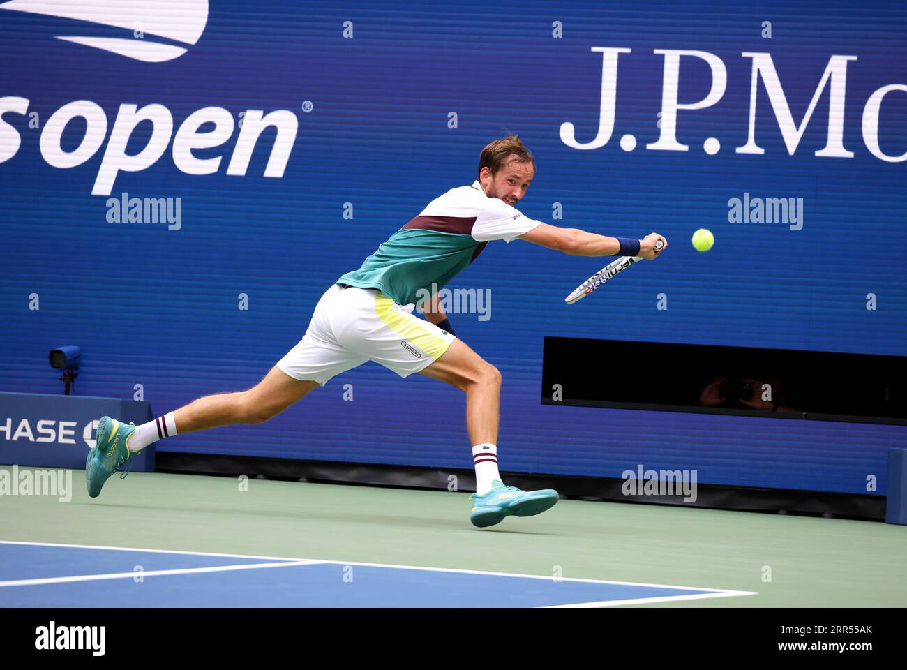 New York, United States. 05th Sep, 2023. Number 3 seed Danil Medvedev of Russia chases down a return to countryman Andrey Rublev during their quarterfinal match at the US Open. Photography by Credit: Adam Stoltman/Alamy Live News Stock Photo