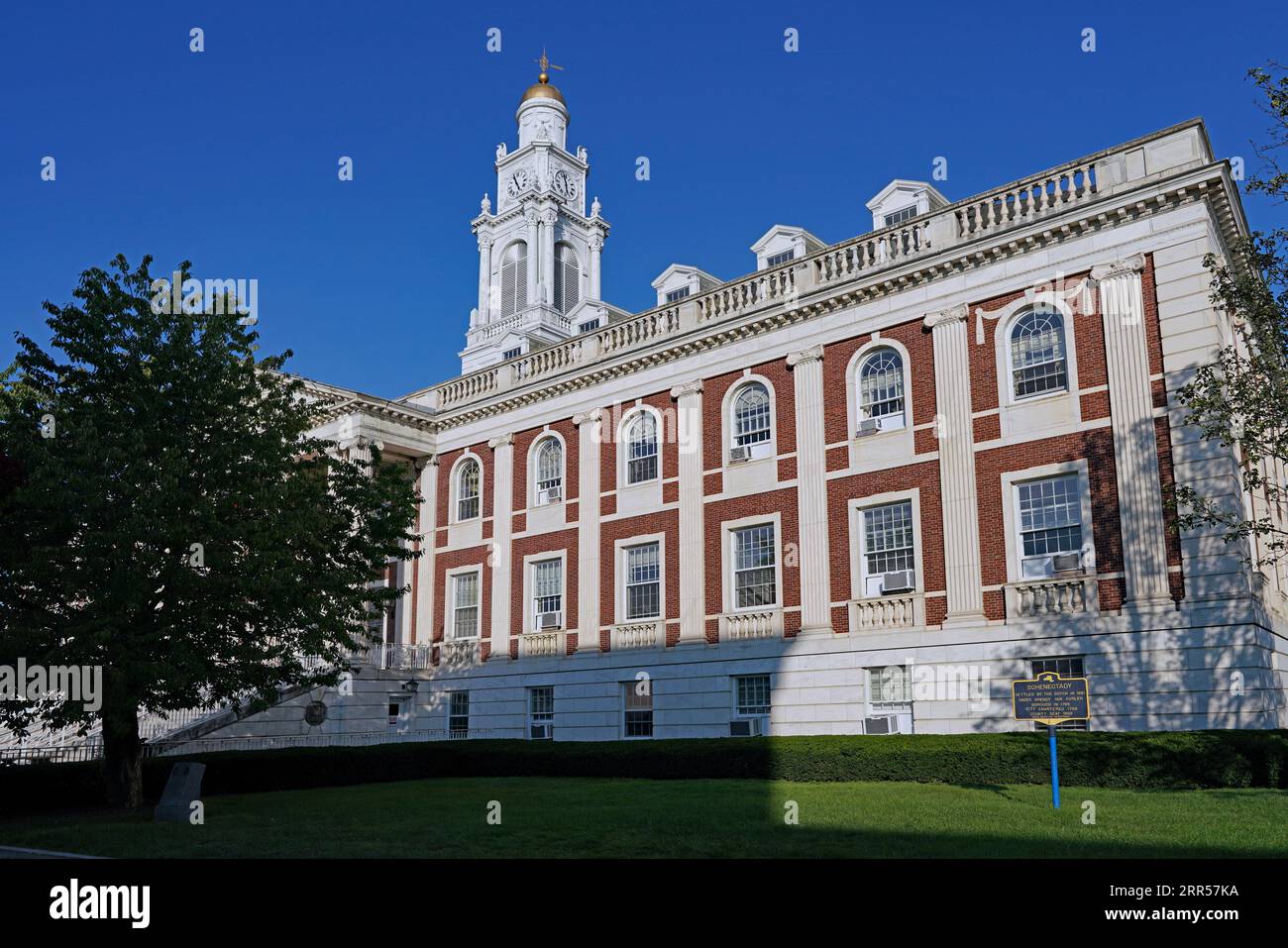 City Hall of Schenectady, New York, with historic plaque about the