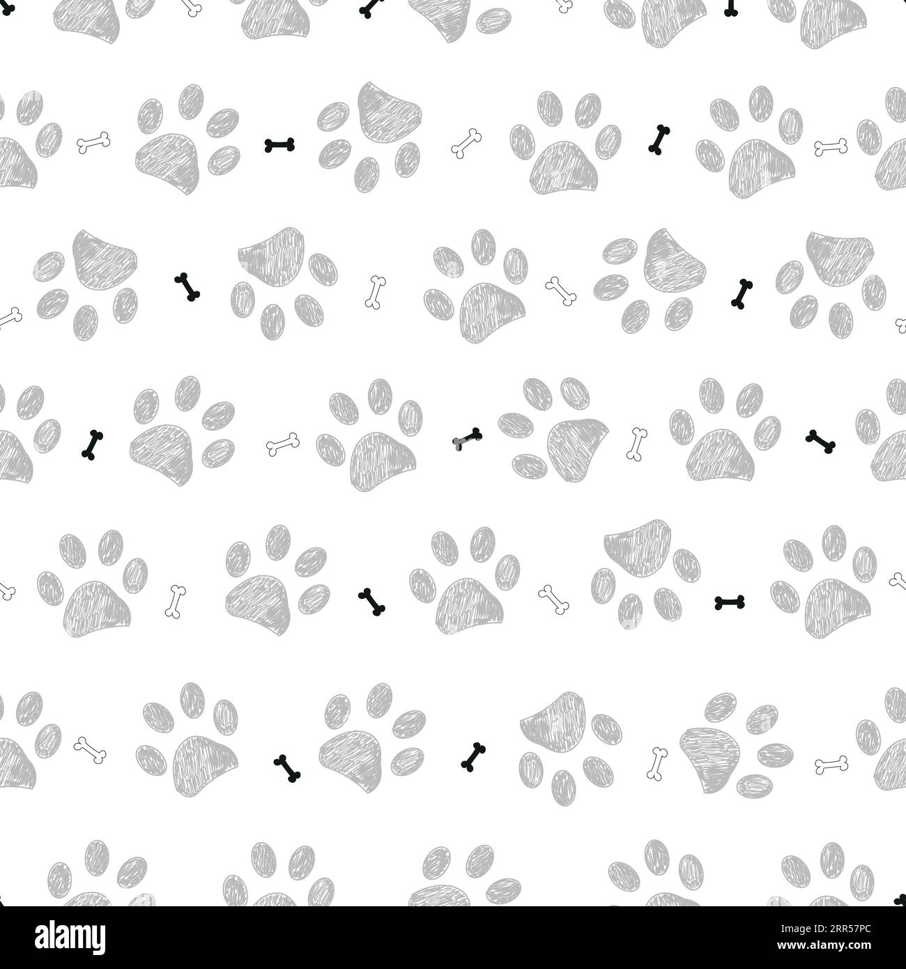 Grey doodle paw prints with bones pattern. Seamless fabric design pattern Stock Vector