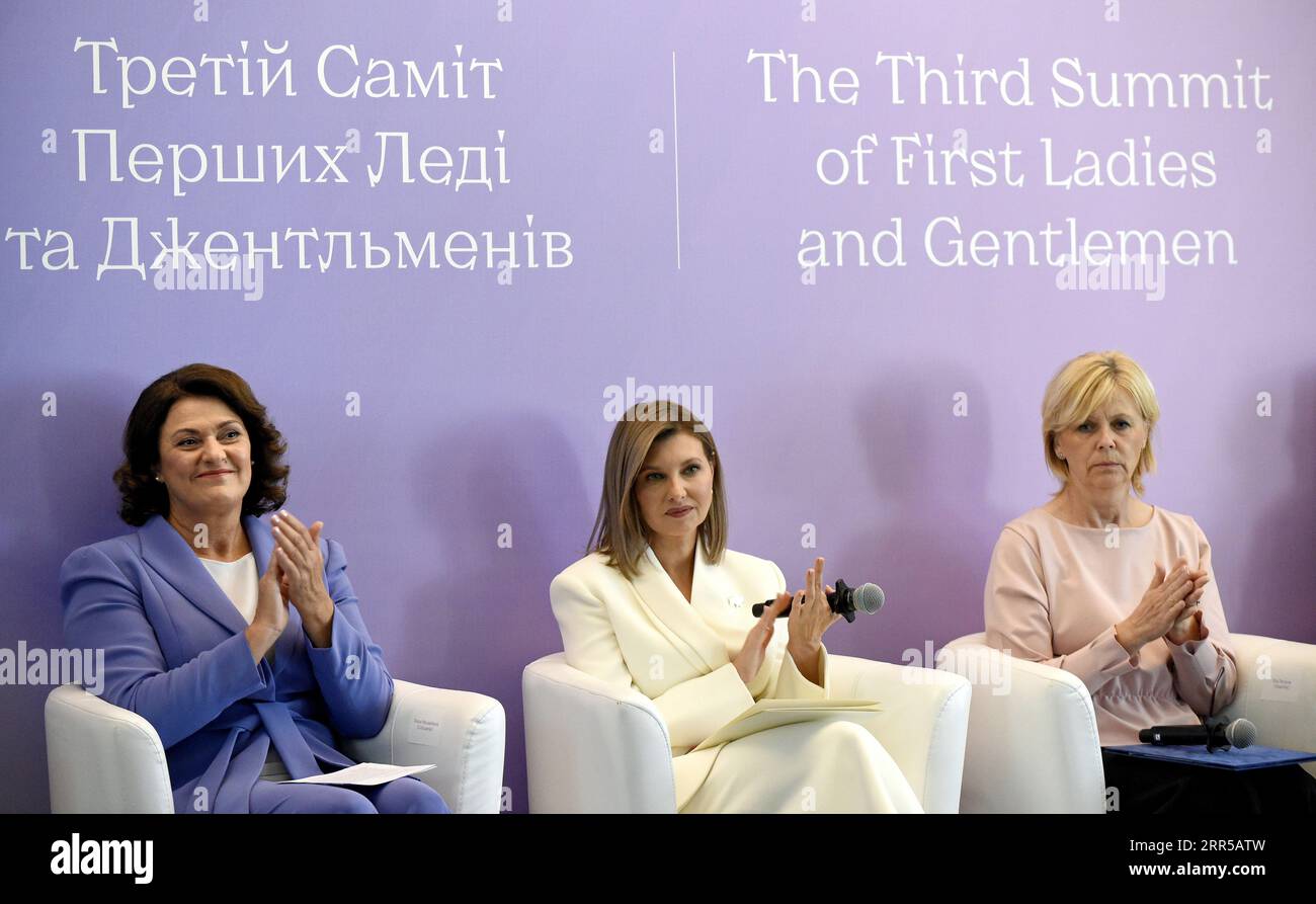 KYIV, UKRAINE - SEPTEMBER 6, 2023 - First Lady of Lithuania Diana Nausediene, First Lady of Ukraine Olena Zelenska and First Lady of the Czech Republi Stock Photo