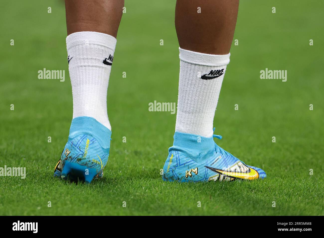 Lyon, France, 3rd September 2023. Details of Kylian Mbappe of PSG's  personalised Nike Mercurial boots are seen during the warm up prior to the  Ligue 1 match at the Groupama Stadium, Lyon.