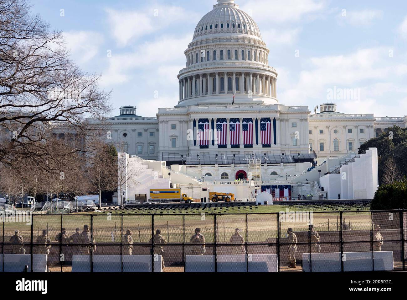 210113 -- WASHINGTON, D.C., Jan. 13, 2021 -- National Guard soldiers secure the U.S. Capitol building in Washington, D.C., the United States, on Jan. 13, 2021. A majority of lawmakers in the U.S. House on Wednesday voted for impeaching President Donald Trump over incitement of insurrection, making him the first president to be impeached twice.  U.S.-WASHINGTON, D.C.-TRUMP-SECOND IMPEACHMENT LiuxJie PUBLICATIONxNOTxINxCHN Stock Photo