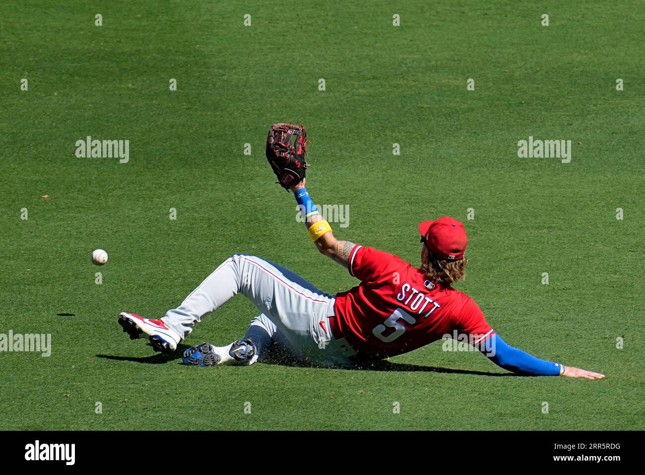 Bryson Stott of the Philadelphia Phillies hits a single during the