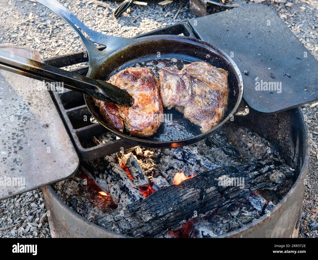 Steaks sizzling on a campfire grill Stock Photo Alamy
