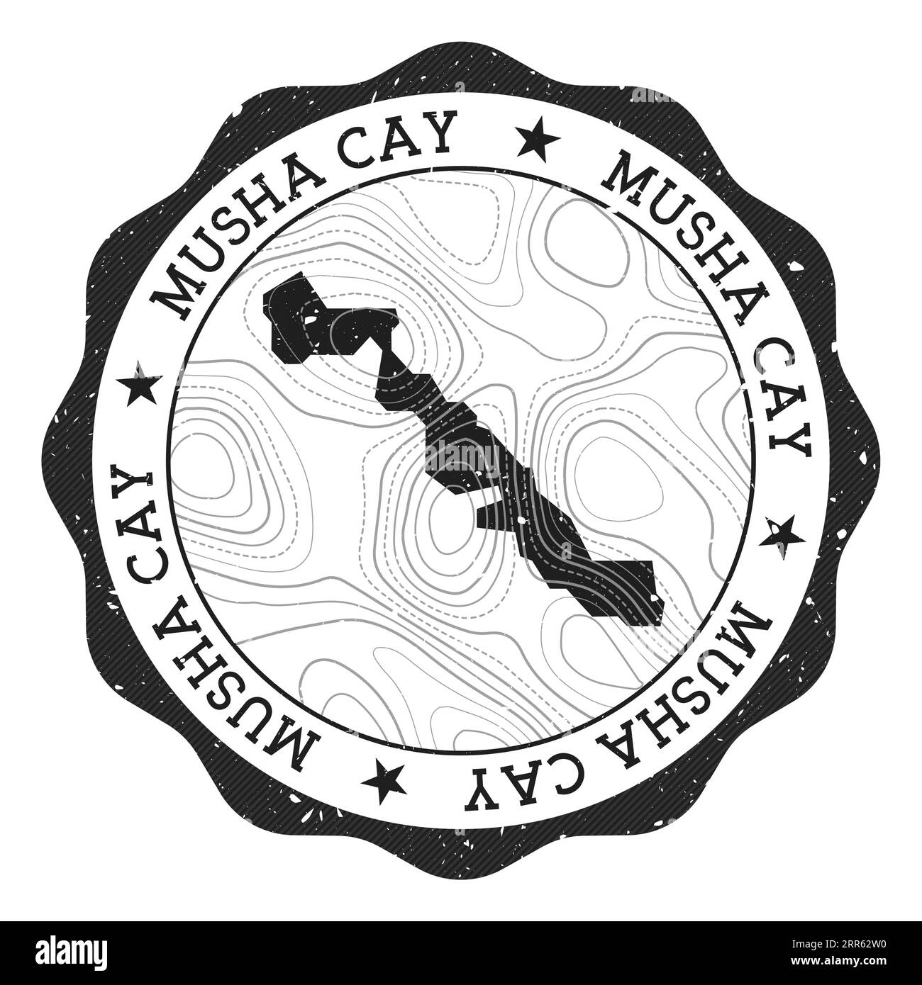 Musha Cay outdoor stamp. Round sticker with map of island with topographic isolines. Vector illustration. Can be used as insignia, logotype, label, st Stock Vector