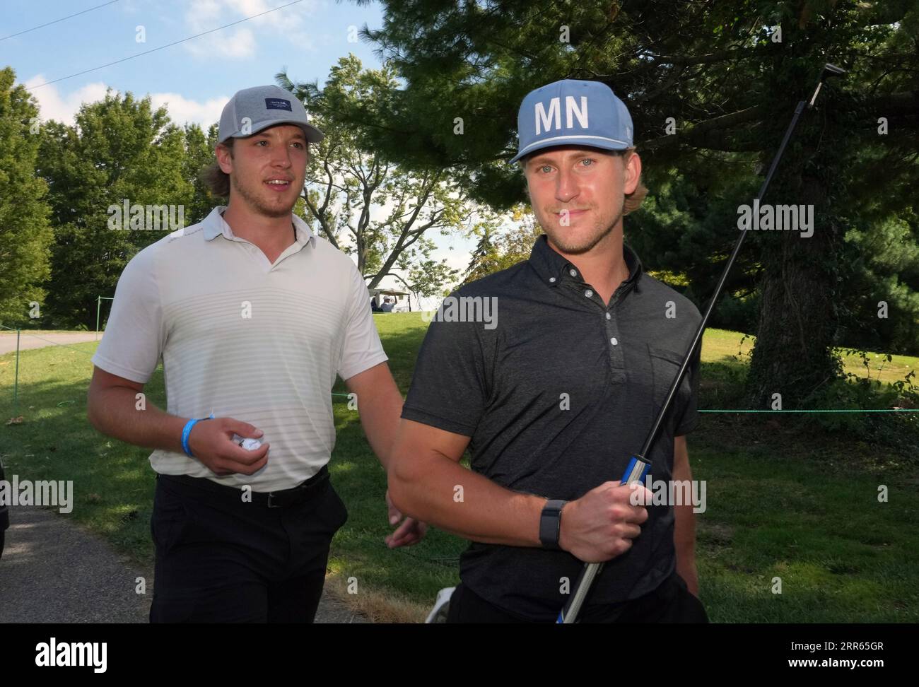 St. Louis, United States. 10th Sep, 2023. St. Louis Blues players (L to R) Robert Thomas, and Scott Perunovich walk to their next hole as they join professional golfer John Daly for practice round for the Ascension Charity Classic at Norwood Hills Country Club in St. Louis on Wednesday, September 6, 2023. Daly will join 77 other professionals for the third annual event competing for a $2 million purse. Photo by Bill Greenblatt/UPI Credit: UPI/Alamy Live News Stock Photo