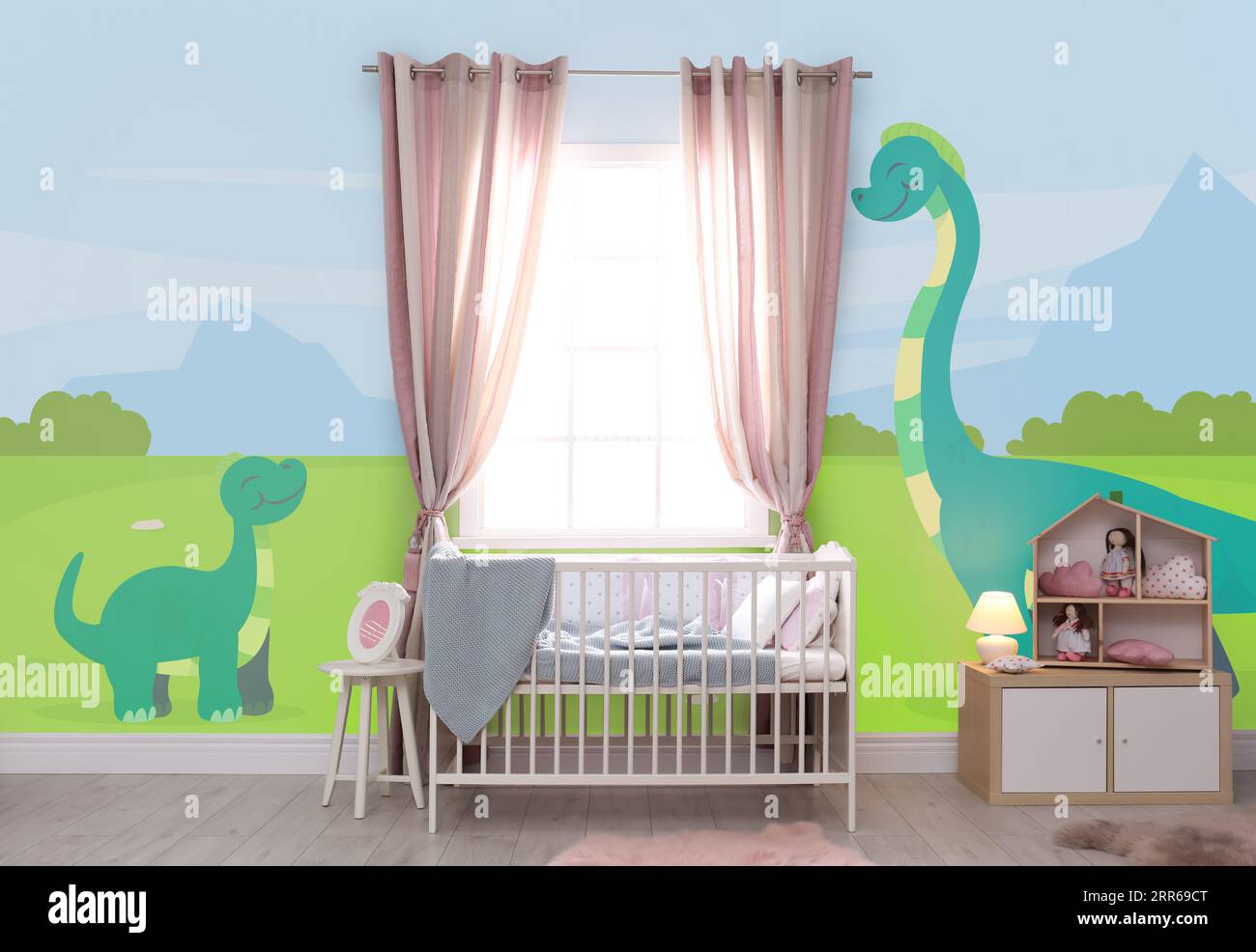 Baby room interior with crib near window. Cartoon style wallpapers with
