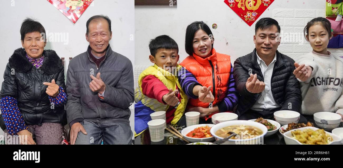 210216 -- BEIJING, Feb. 16, 2021  -- In this combo photo, the right part taken on Feb. 9, 2021 shows Wei Chuanglai 2nd, R making a hand heart gesture wih his wife and children at their home in Beijing, capital of China Photo taken by Peng Ziyang, and the left part also taken on Feb. 9, 2021 shows Wei Chuanglai s parents making the same gestures at home in Xiaogan, central China s Hubei Province Photo taken by Mao Feng. Wei Chuanglai, 35, is a ride-hailing driver in Beijing. This year, he chose not to go back to hometown in Hubei and stay in Beijing with his wife and children for this Spring Fe Stock Photo
