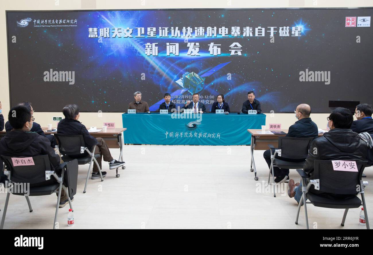 210219 -- BEIJING, Feb. 19, 2021 -- Zhang Shuangnan C, lead scientist of China s Hard X-ray Modulation Telescope HXMT, speaks during a press conference at the Institute of High Energy Physics under the Chinese Academy of Sciences in Beijing, capital of China, Feb. 19, 2021. China s HXMT, the country s space science satellite also known as Insight, has found that a fast radio burst signal detected last year came from a magnetar in the Milky Way, Chinese scientists announced Friday. The discovery marked a milestone in understanding the nature of the mysterious signal emanating from the universe, Stock Photo