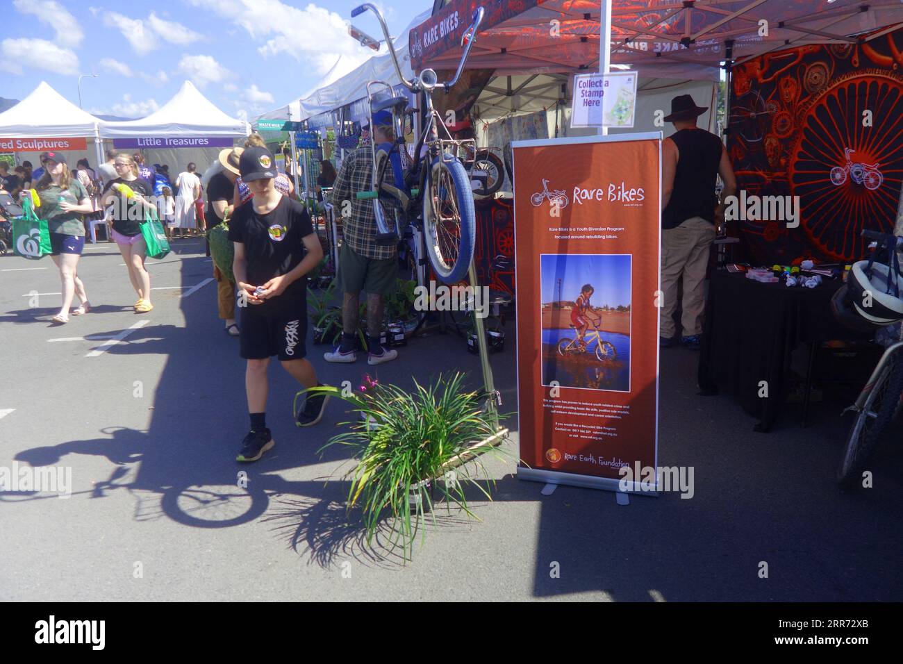 People at Rare Bikes stall at Trash and Treasure Fair, Buyback Shop, Cairns Waste Transfer Facility, Queensland, Australia. No MR or PR Stock Photo