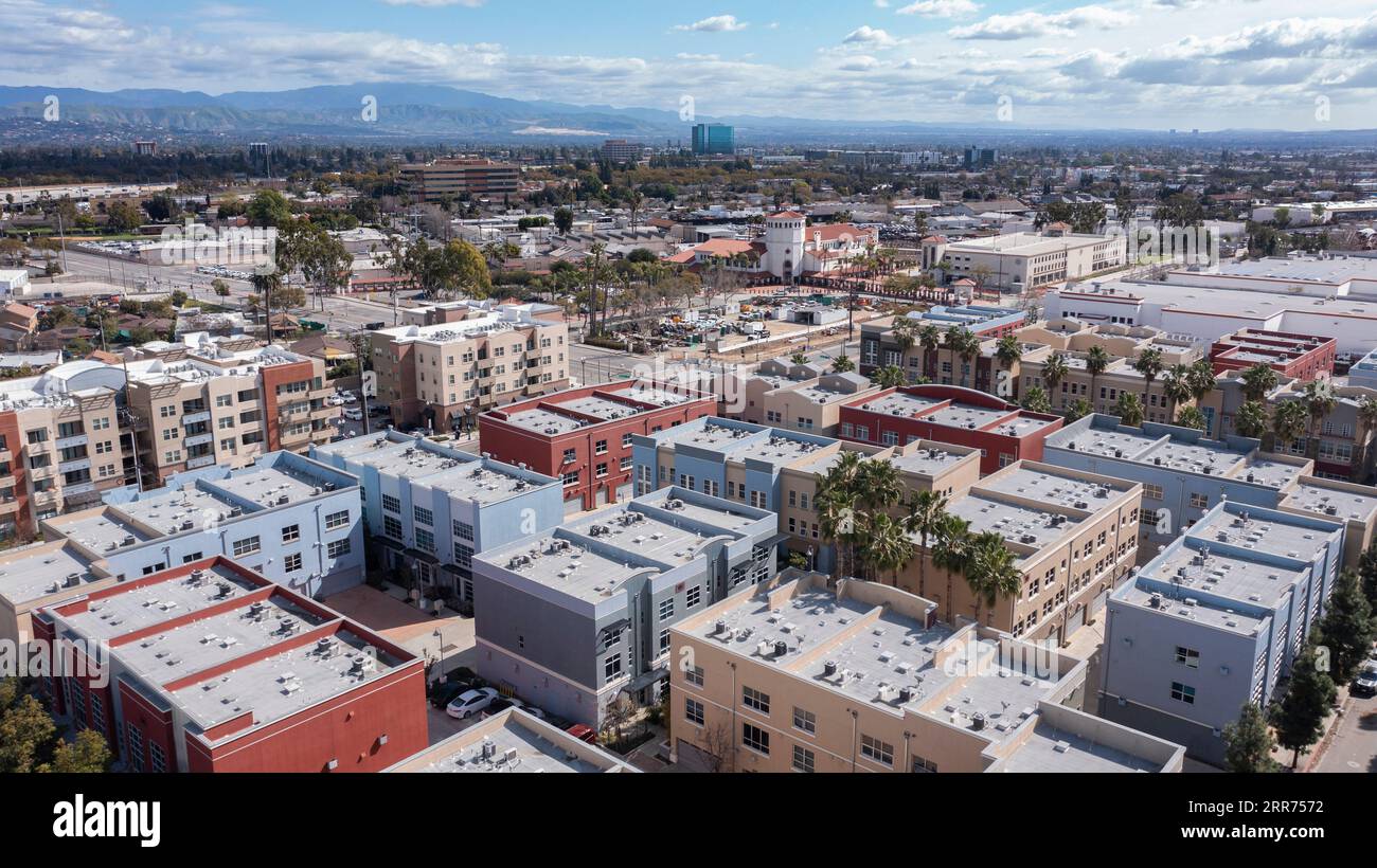 Daytime aerial view of dense housing in downtown Santa Ana, California ...