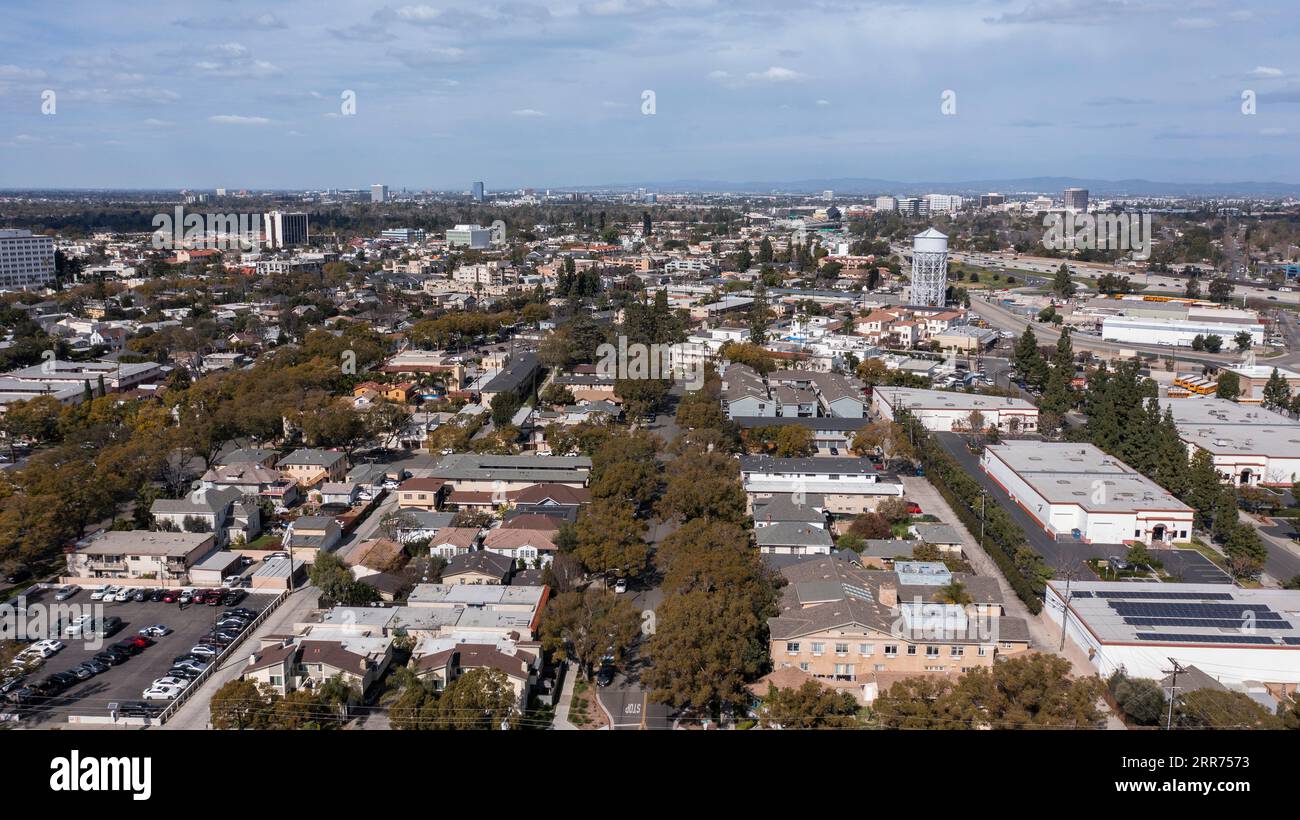 Daytime aerial view of dense housing in downtown Santa Ana, California, USA. Stock Photo