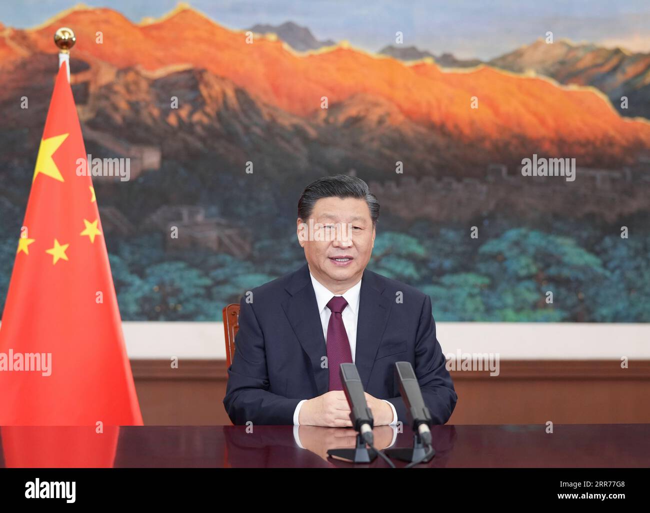 210317 -- BEIJING, March 17, 2021 -- Chinese President Xi Jinping sends a video message to an event held by Bangladesh in commemoration of the centenary of its founding father Sheikh Mujibur Rahman s birth, also in celebration of the 50th anniversary of the country s independence on March 17, 2021. On behalf of the Chinese government and Chinese people, Xi extended sincere greetings and best wishes to Bangladeshi President Abdul Hamid, Bangladeshi Prime Minister Sheikh Hasina, and the Bangladeshi government and people.  CHINA-XI JINPING-BANGLADESH-VIDEO MESSAGE CN LixXueren PUBLICATIONxNOTxINx Stock Photo