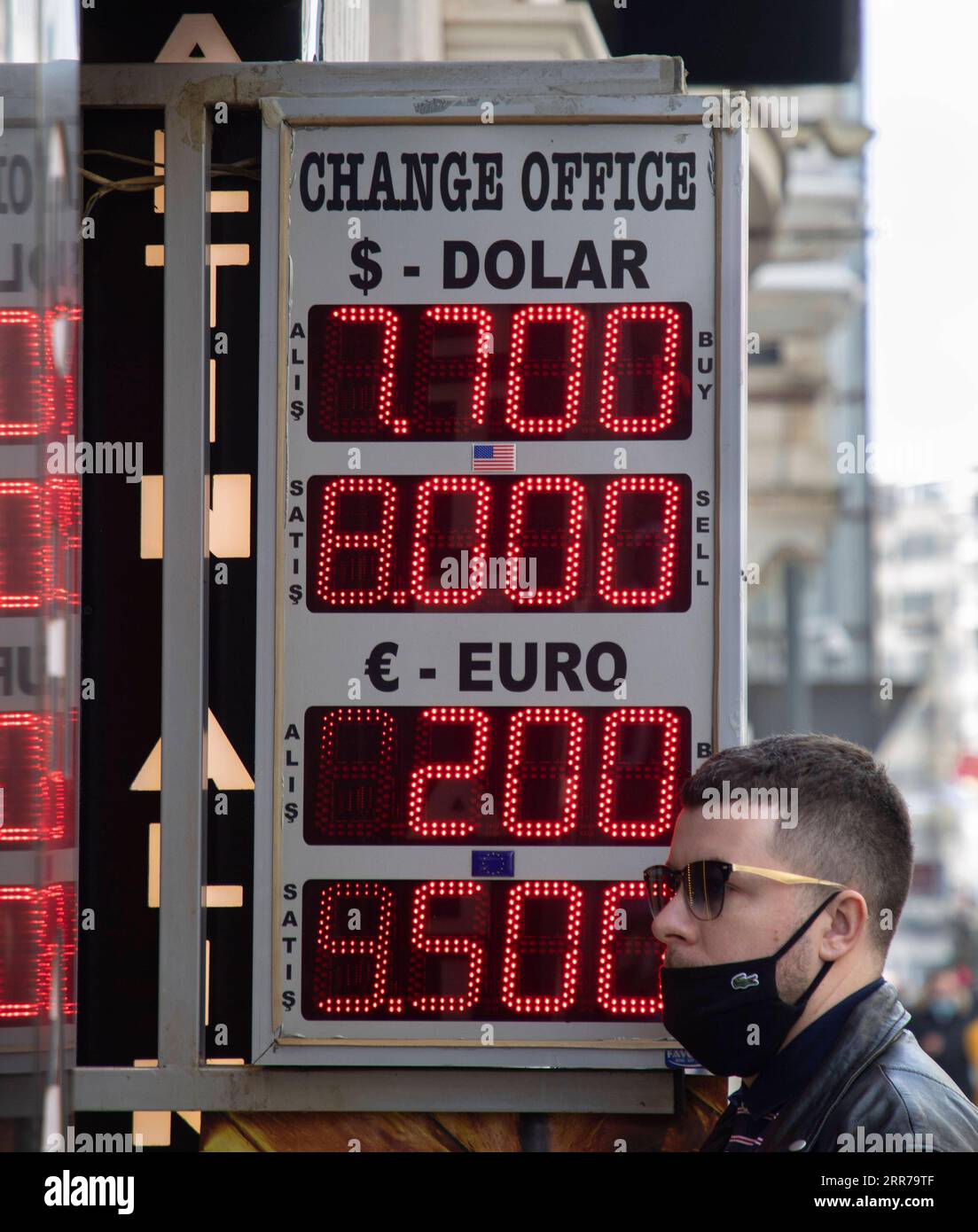 210322 -- ISTANBUL, March 22, 2021 -- A currency exchange s electronic screen shows foreign exchange rates in Istanbul, Turkey, on March 22, 2021. Turkey s currency plunged around 11 percent on Monday after Turkish President Recep Tayyip Erdogan fired the central bank governor and appointed a critic of high interest rates, a move sparking turbulence in markets. Turkish lira was fluctuating at 8.02 against the U.S. dollar in Monday s morning trading, a sharp decline from Friday s closing level of 7.22, while the Turkish currency was also down 11 percent against the euro. Photo by /Xinhua TURKEY Stock Photo