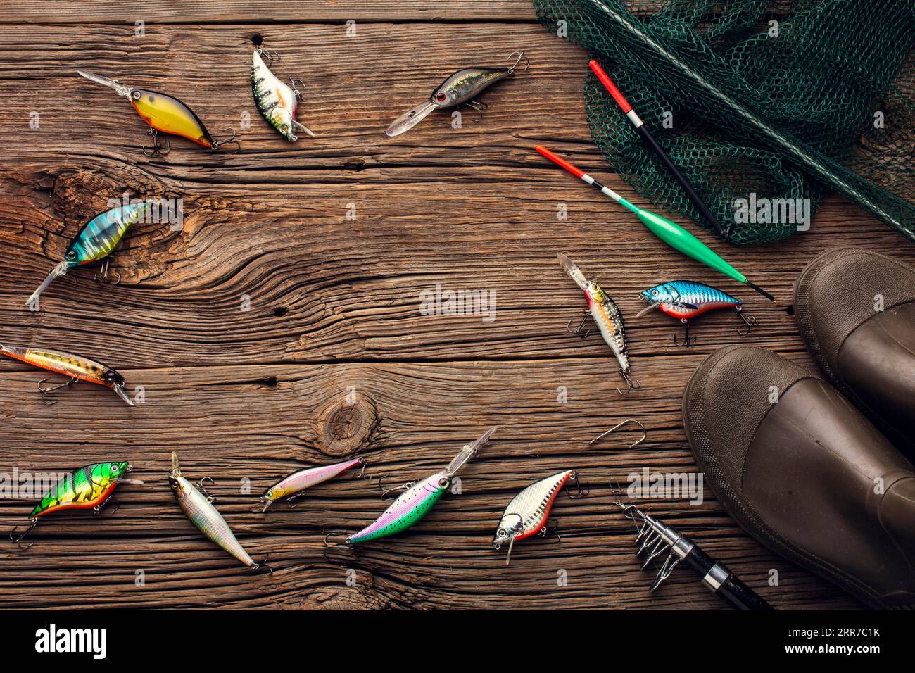 Top view fishing essentials Stock Photo