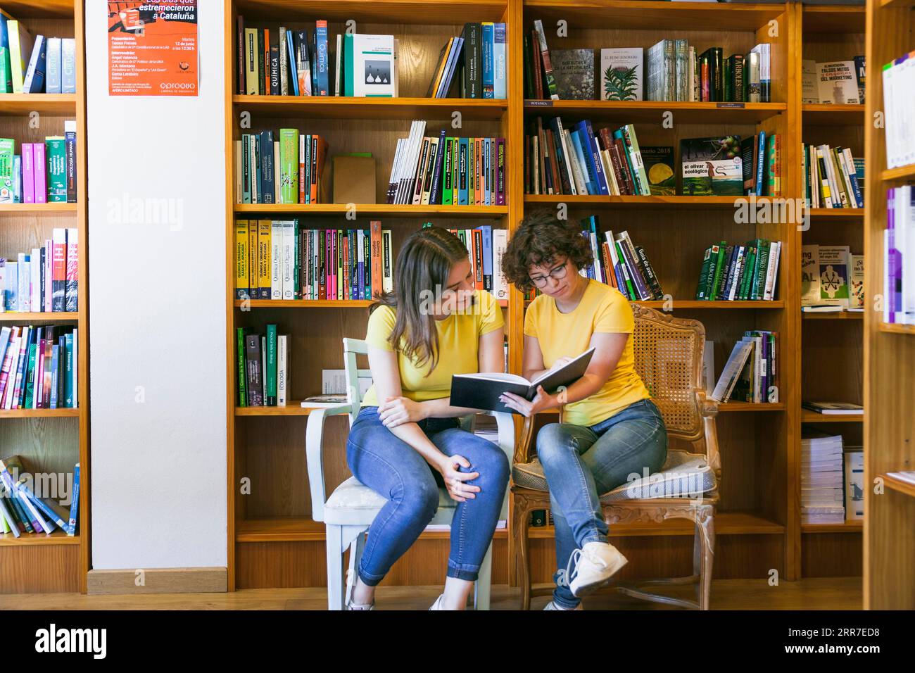 Teen friends reading book chairs Stock Photo Alamy