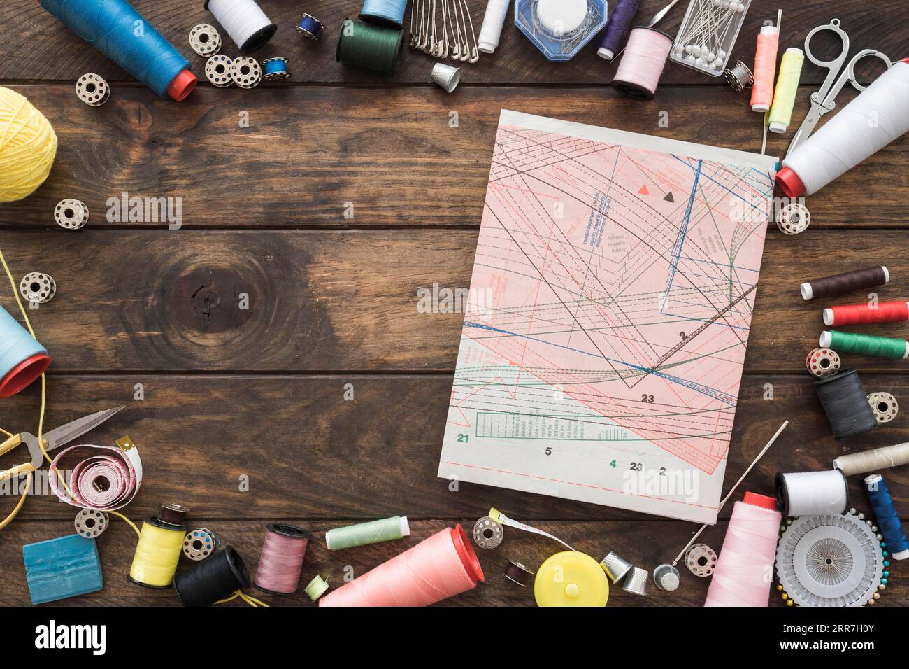 Sewing supplies lying around pattern Stock Photo Alamy