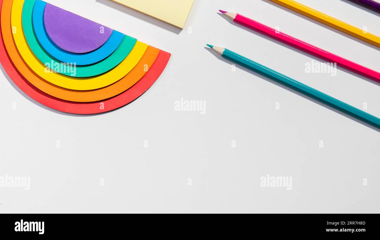 Stationery concept with sticky notes rainbow paper Stock Photo Alamy