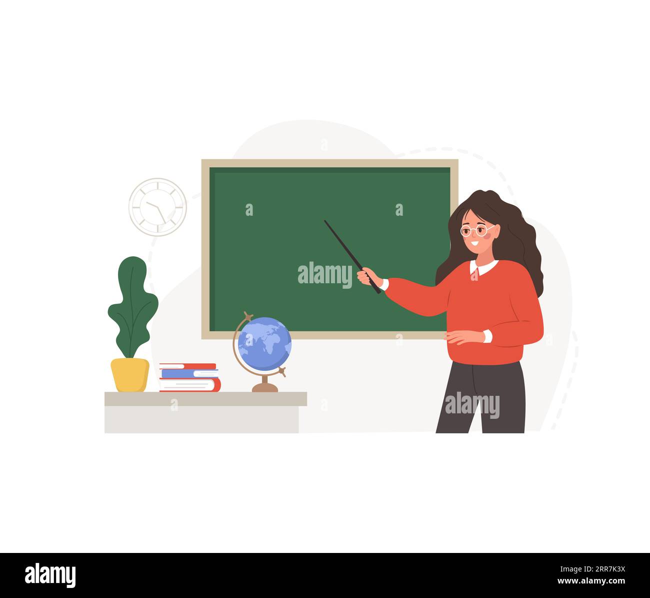 Female teacher in classroom. Pedagogue with pointer at chalkboard. School and college concept. Vector illustration in flat cartoon style Stock Vector