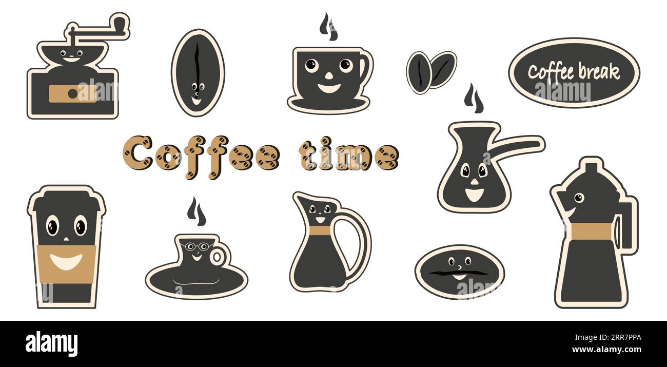 Coffee stickers collection Retro style Coffee retro groovy cartoon characters. Cute kawaii coffee faces Coffee equipment Icons set Vector illustration Stock Vector