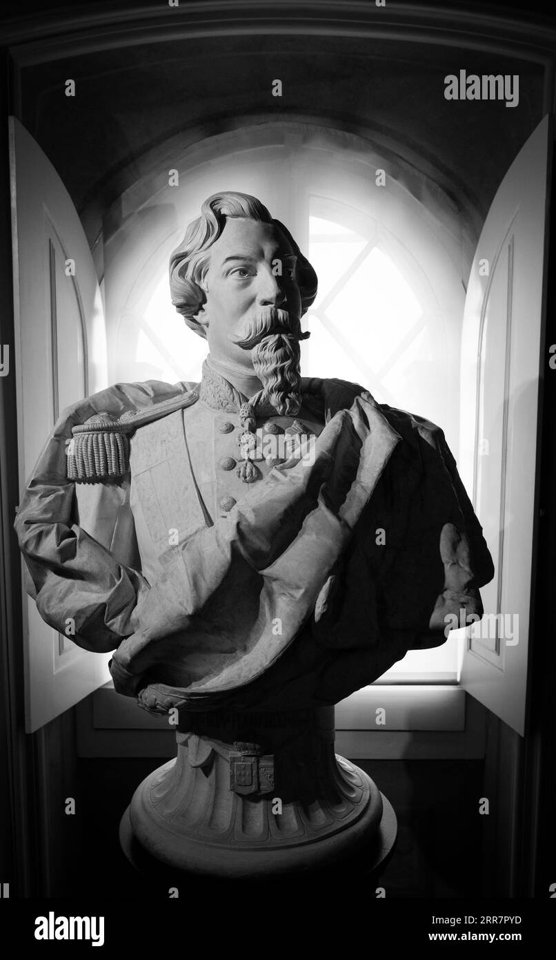 Bust of Dom Ferdinand II (1816-1885) 19th-century King of Portugal, inside the Pena Palace, Sintra, Portugal. In 1838 Ferdinand acquired the former monastery of our Lady of Pena, built in 1511 above Sintra and unoccupied since 1834.  In 1843 the King began enlarging the palace, building a new wing.  The new Palace completed in 1854 and grounds were classified as a World Heritage Site by UNESCO in 1995 and has become a popular tourist attraction. Stock Photo