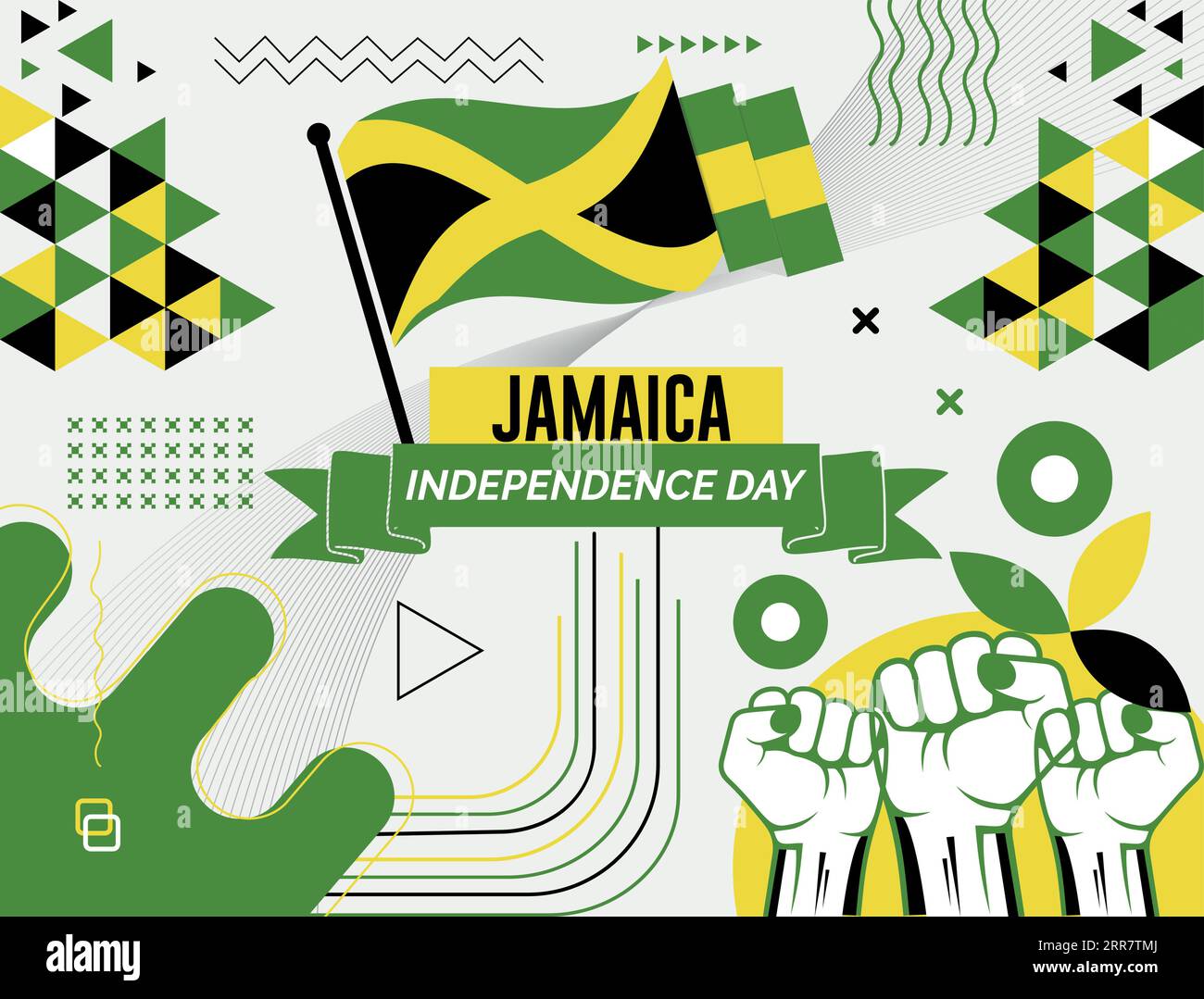 JAMAICA national day banner with map, flag colors theme background and