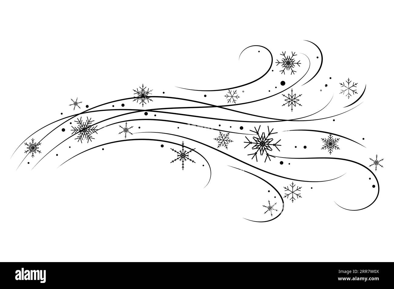 Snow wind doodle illustration. Flakes swirl blizzard. Wavy cold