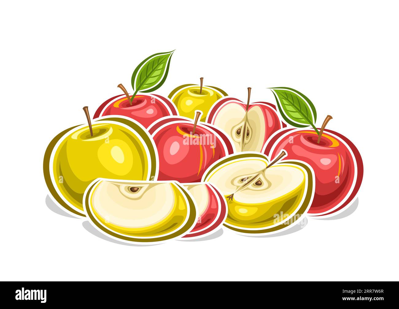Vector logo for Colorful Apples, decorative horizontal poster with outline illustration of red and yellow apple fruity composition, fruit print with g Stock Vector